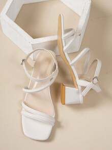 Giày sandal nữ mũi vuông gót chunky - Màu đen, giày buộc dây mùa hè có quai điều chỉnh được, phù hợp cho cả trang phục thường ngày và dự tiệc. - trắng - Xem 3