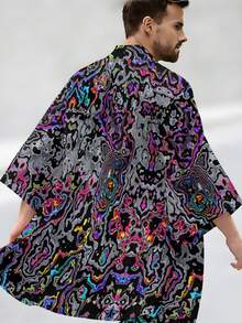 Music Festival Bold Statement! Iridescent Fluid Print Woven Cardigan, Avant-Garde And Eye-Catching, Men's Spring And Summer Streetwear And Birthday Gift Choice, Iridescent Fluid Pattern Men's Printed Cardigan - Nhiều màu - Xem 3