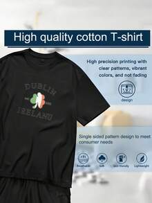 Men's T-Shirt, Women's T-Shirt,  St Patrick's Day Themed Designs Featuring,  Dublin Ireland Text With Shamrock Design In Green White And Orange Colors Centered On Black T Shirt Background Featuring Classic Typography And National Symbolism Representing Irish Heritage And Culture Comfortable And Versatile Outdoor Casual Short Sleeve - Negro - Ver 6