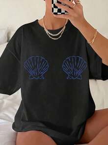 Women's White & Blue Tropical Seashell & Starfish Print T-Shirt - Soft Breathable Short Sleeve Beach Shirt, Loose Fit Casual Summer Top With Turquoise Shell Design, Machine Washable For Pool Parties, Vacation Outfits & Casual Attire2026 - 黑色 - 查看 7