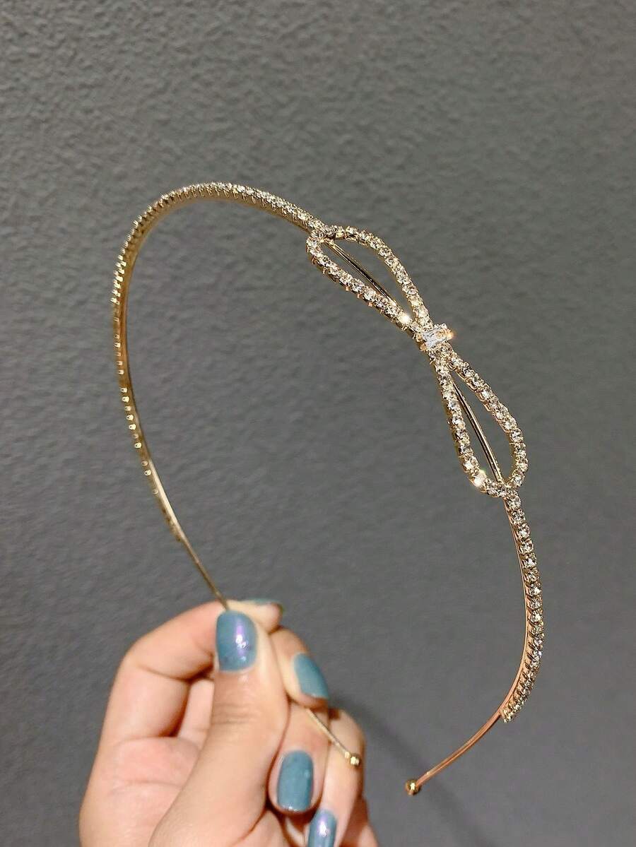 1件简约复古可爱水钻蝴蝶结锌合金细发箍，适合日常佩戴，家居美发配饰 - 金色 - 查看 1