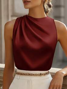 Blusa formal ajustada sin mangas con volantes en los hombros expuestos, color champán, adecuada para ir a la oficina, primavera y otoño-verano - Burdeos - Ver 5