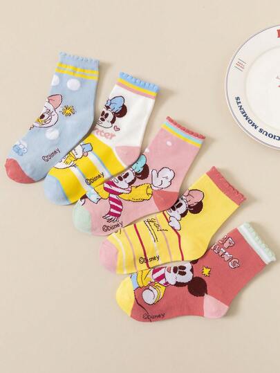  5 Pairs Of Adorable Disney Mickey Mouse Collection Mid-Calf Socks For Girls | Vibrant Pattern-Mix Design With Mickey Mouse Prints, Premium Short Socks – Perfect Holiday Gift For Little Princesses, Random Style Delivery