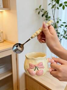 2026ins Girl Style Cream Ceramic Water Cup, Gentle Color Palette, 3D Embossed Cherry And Bow Design On Cup Body, Cloud Beaded Handle, Wavy Rim, Creative Artistic Design With Atmospheric Vibe, Matching Exquisite Ceramic Spoon From The Same Series, Higher Aesthetic Value As A Set. Ceramic, Heat-Resistant, Smooth Glazed Surface, Easy To Clean - Multicolor - View 3
