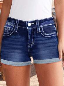 Women's Large-Size High-Waisted Stretch Blue Washed Denim Shorts With Embroidered Back Pocket, Retro Rolled Edge Design, Tight Fit, Slimming Effect, Fashionable And Versatile. Women's Large-Size Denim Shorts. - Hải quân - Xem 2