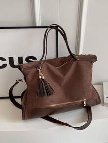 Women's Minimalist Color Block Fringe Zipper Decor Tote Bag - Coffee - View 11