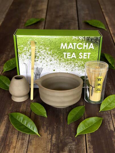 1件/2件/4件套日式窑烧渐变粉色抹茶碗、抹茶筅、抹茶勺、抹茶刷茶具套装