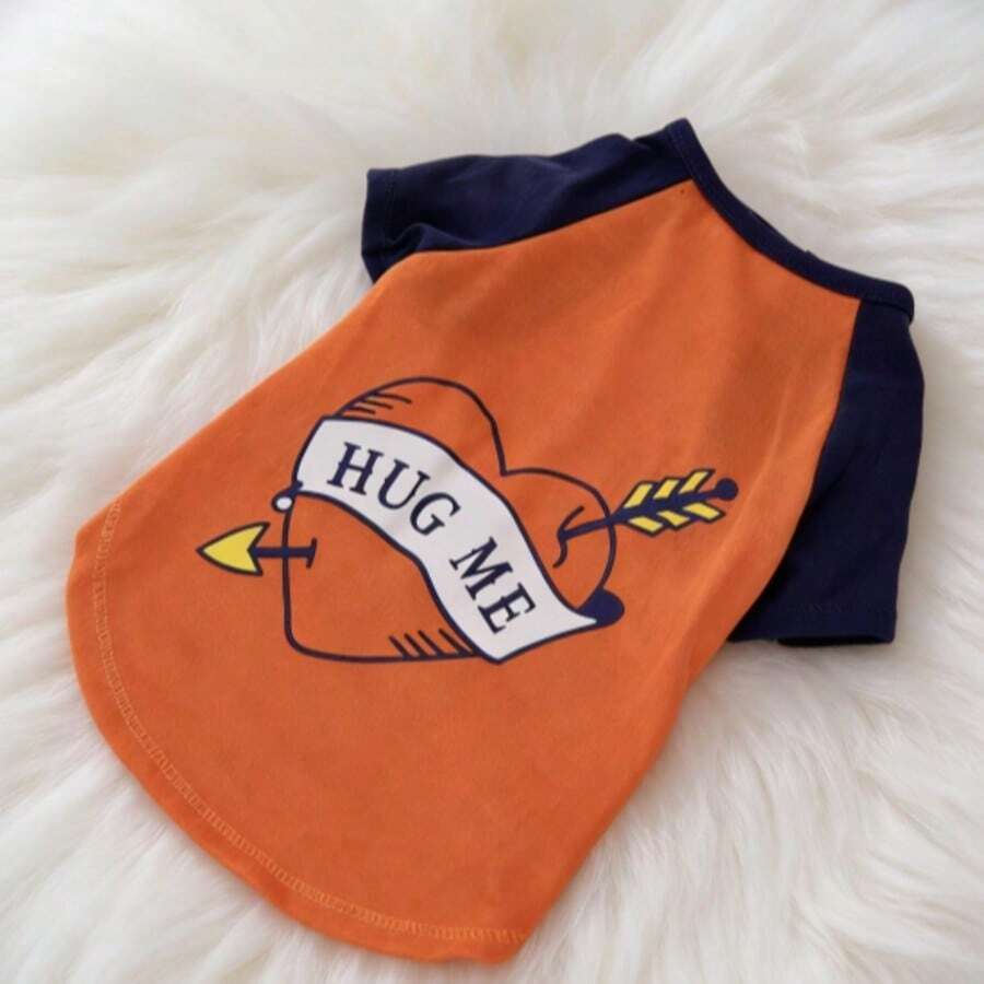 小型及中型犬“抱抱我”心形箭头印花短袖T恤，幼犬圆领柔软透气套头衫 - 橘色 - 查看 1