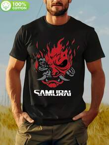 Camiseta Gráfica conáscara de Samurai Negra para Hombre - Roja; Estampado Negro en Negrita. Tela% algodón, ligera y transpirable. Camiseta de manga corta con cuello redondo y corte regular para uso casual. Senderismo. Ropa deportiva de verano para exteriores. Camiseta japonesa. Ajuste Cómodo - Negro - Ver 1