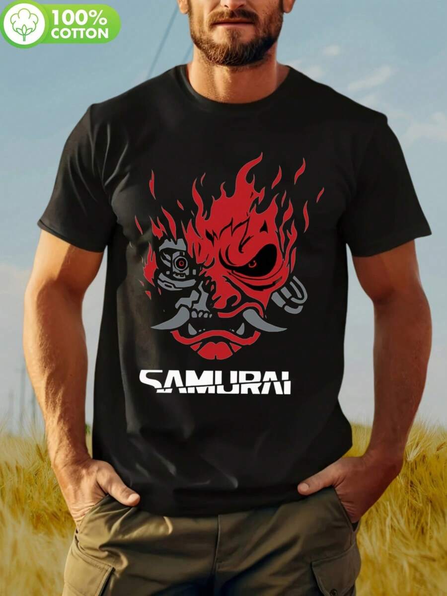 Camiseta Gráfica conáscara de Samurai Negra para Hombre - Roja; Estampado Negro en Negrita. Tela% algodón, ligera y transpirable. Camiseta de manga corta con cuello redondo y corte regular para uso casual. Senderismo. Ropa deportiva de verano para exteriores. Camiseta japonesa. Ajuste Cómodo - Negro - Ver 1