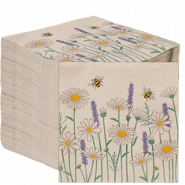 20张/40张/60张复古花卉图案餐巾纸，双层野花设计，饰有雏菊和蜜蜂图案，一次性纸巾，适用于生日派对、茶园派对、婚礼新娘派对、婴儿派对、生日派对装饰，尺寸13 x 13英寸