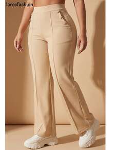 Pantalón de vestir mujer cintura alta pierna ancha stretch crepé casual elegante para oficina reuniones eventos bolsillos pretina elasticada botón forrado antiarrugas sin transparencia suave - Beis - Ver 9