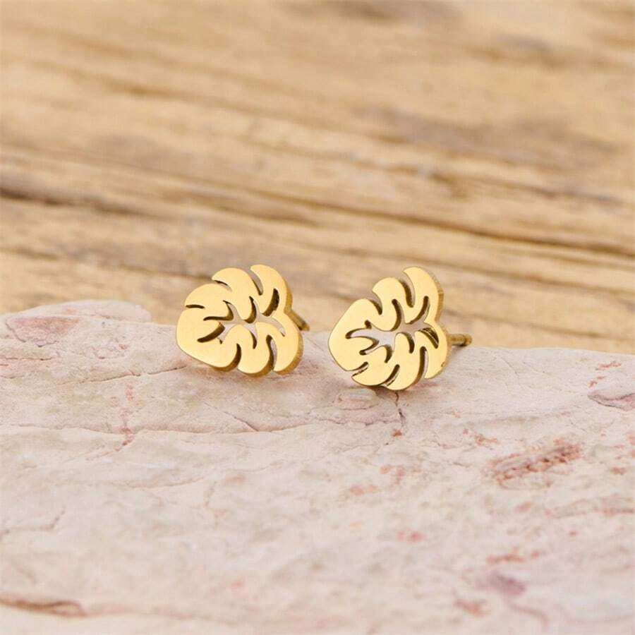 1 Pair Turtle-Back Bamboo Leaf-Shaped Golden Earrings, Suitable For Casual Daily Commuting And Leisure Occasions. - GED880 - View 1
