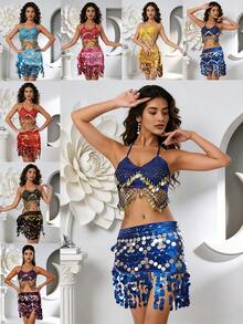 Belly Dance & Carnival Party Bra & Hip Scarf Set Halter Neck With Sequin Coin Tassel Dance Practice & Stage Party Outfit (Multiple Colors Available) - Multicolor - View 2