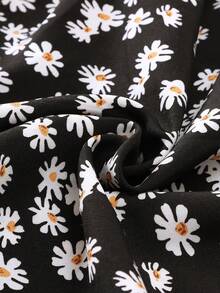 女童彩色拼接雏菊印花纽扣装饰休闲连衣裙，适合夏季穿着，少女服装 - 黑色 - 查看 6