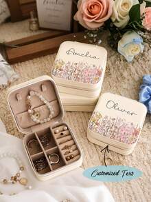 Personalized Elegant Floral Jewelry Box, Customized Beige Name Jewelry Box, Bridesmaid Jewelry Box, Travel Jewelry Case, Gift For Women, Couples, Bridesmaid, Proposal, Birthday, Jewelry - Multicolor - View 7