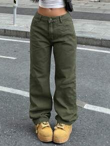 Women's Casual Light Wash Straight Leg Jeans - Army Green - View 5