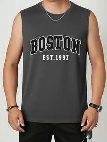 Men's Minimalist Printed Sleeveless Tank Top, Suitable For Everyday Wear - Dark Grey - View 2