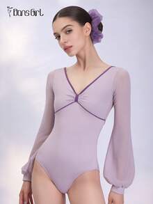 DonsGirl Áo liền quần ba lê nữ - Cổ nơ thanh lịch và tay áo phồng | Thích hợp cho biểu diễn múa, thể dục dụng cụ, trượt băng nghệ thuật mùa xuân - Bụi tím - Xem 2