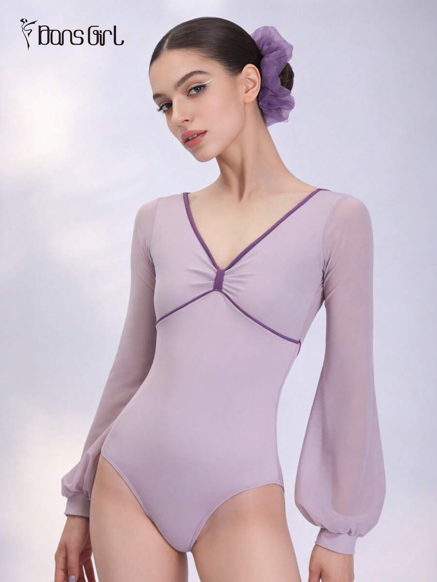 DonsGirl Áo liền quần ba lê nữ - Cổ nơ thanh lịch và tay áo phồng | Thích hợp cho biểu diễn múa, thể dục dụng cụ, trượt băng nghệ thuật mùa xuân