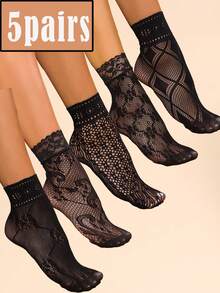 5 Pairs Women's Lace Ankle Socks, Thin Fishnet Socks - Black - View 7
