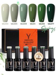 YOKEFELLOW 不含TPO和HEMA的春夏绿色凝胶指甲油套装，6支装，每支10毫升，莫兰迪绿色，可卸式凝胶指甲油套装，适合女性在家美甲、美甲沙龙使用，或作为2026年圣帕特里克节礼物。 - 彩色 - 查看 1