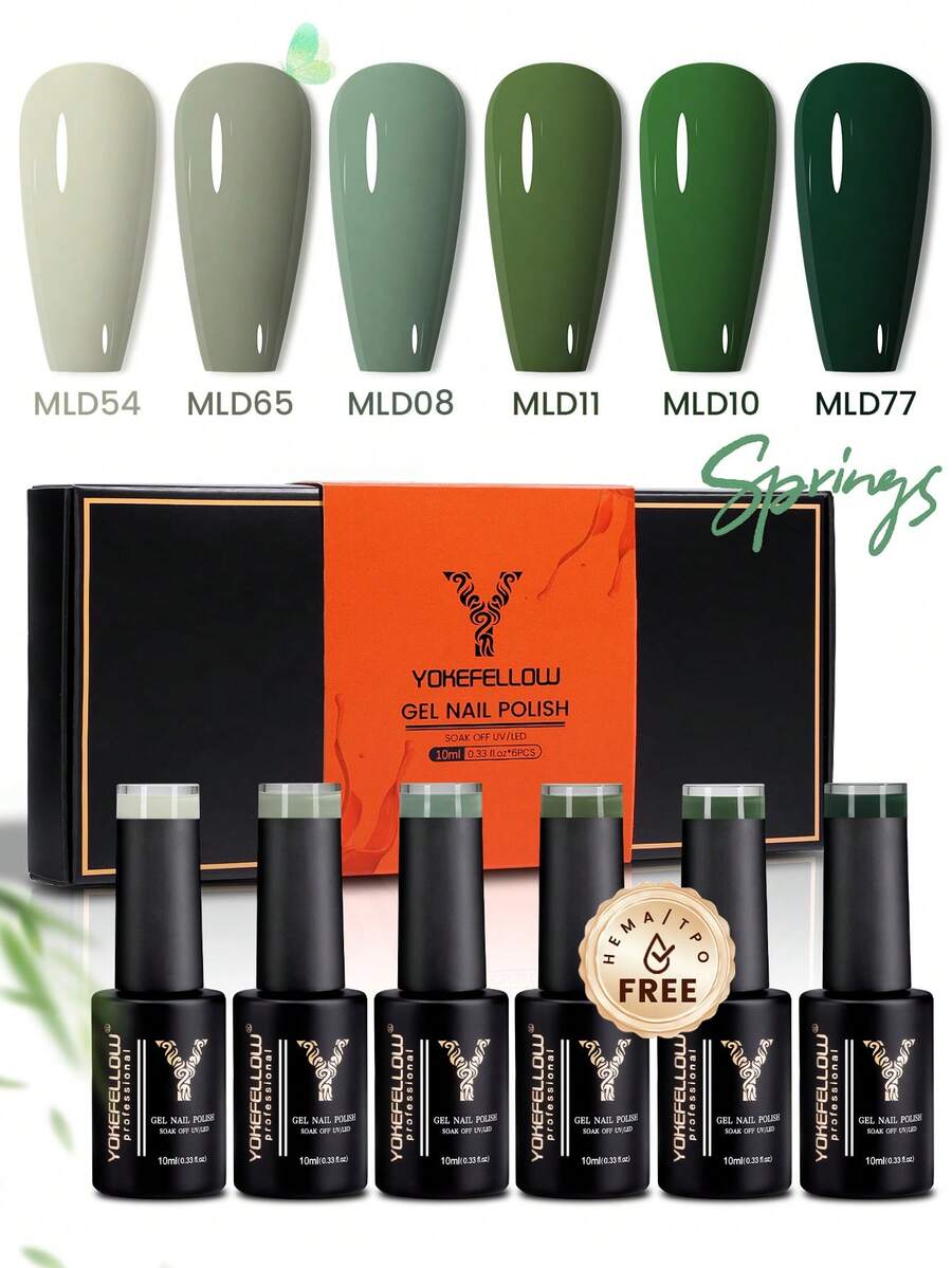 YOKEFELLOW 不含TPO和HEMA的春夏绿色凝胶指甲油套装，6支装，每支10毫升，莫兰迪绿色，可卸式凝胶指甲油套装，适合女性在家美甲、美甲沙龙使用，或作为2026年圣帕特里克节礼物。 - 彩色 - 查看 1
