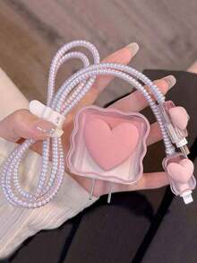 粉色心形5件套充电器保护套，兼容苹果14英寸数据线和13英寸Pro充电器，支持20W快充，女士礼物，妇女节礼物 - 彩色 - 查看 4