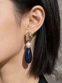 1对不对称金属蓝树脂珍珠吊坠耳环，欧美风格个性时尚长耳环，适合女性和女孩，旅行、婚礼、派对、生日、圣诞节礼物（2026款） - 寶藍色 - 查看 4