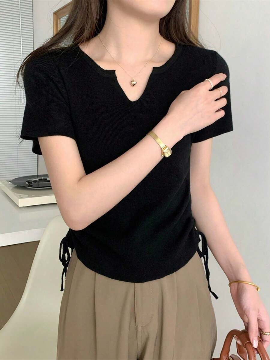 韩版半开领抽绳纯色针织短袖上衣，女款，黑色，夏季款