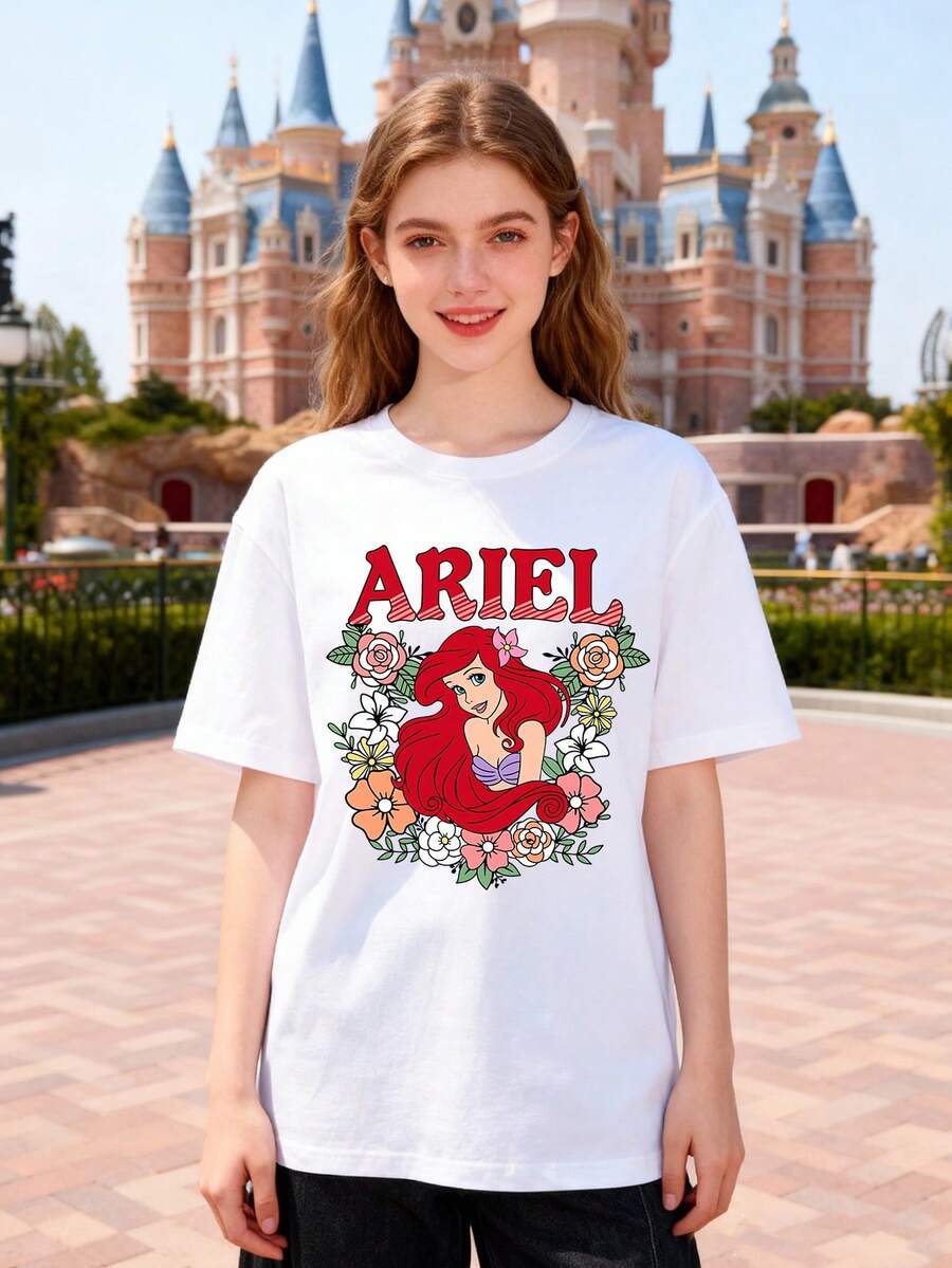 Disney Women's T-Shirt Featuring A Creative Disney Princess Ariel Lettering Cartoon Print Spring/Summer Women's Crew Neck T-Shirt Soft And Comfortable 100% Cotton Fabric A Stylish Disney Women's Graphic Tee Perfect For Everyday Wear, Outings, Travel, And Leisure Also Makes An Exquisite Gift - 白色 - 查看 1