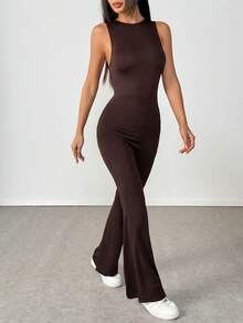 1pc Solid Color Sleeveless Jumpsuit, Slim Fit New Stylish Sportswear Flared Jumpsuit - Brown - View 6