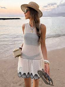 Vestido de playa informal con cuello redondo, recorte calado y dobladillo con volantes, para vacaciones - Albaricoque - Ver 3