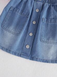 两件套少女夏季休闲时尚粉色荷叶袖上衣和时尚纽扣牛仔裙套装 - 彩色 - 查看 8