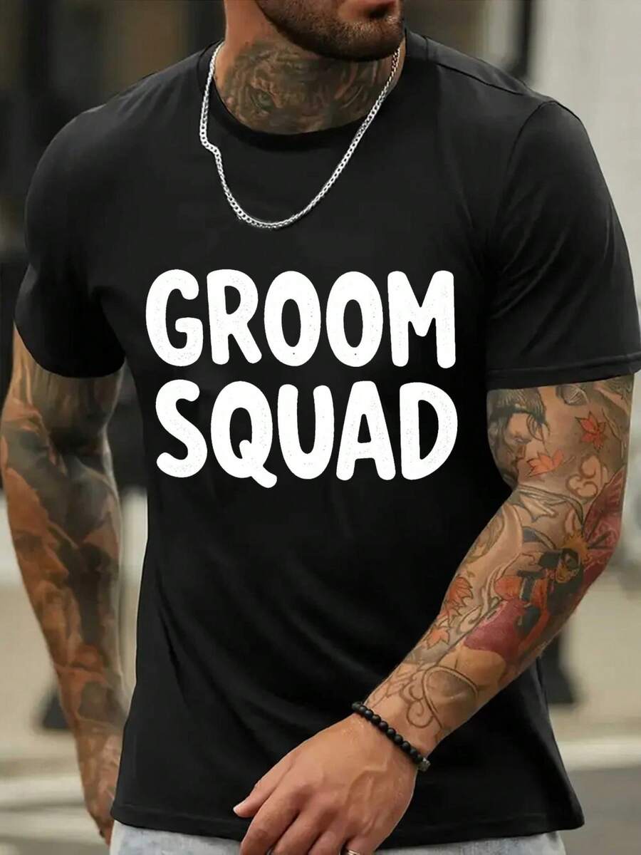 Camiseta Gráfica para Hombre; Groom; Mezcla de Algodón. Camiseta casual de verano con estampado llamativo de ;GROOMS;. Corte Regular. Tejido de punto microelástico. Perfecto para Deportes; Ropa Casual. Camiseta Deportiva, Ropa Casual de Moda, Camiseta de Mezcla de Algodón. Camiseta del Grupo del Novio - Negro - Ver 1