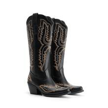 Cowboy Knee High Boots For Women Western Retro Embroidered Cowgirl Boots Fashion Narrow Square Toe Comfortable Vintage Side Zipper Tall Boots For Ladies - 黑色 - 查看 7