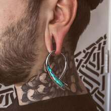 1PC Stainless Steel Ribbon Ear Weights White & Abalone Shell Inlay Hanger Gauges Clicker Hoop Earring Piercing Jewelry - Rainbow Shell - View 4