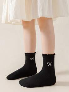 3 Pairs Kids Socks With Black Lace Bow Design, Girls Toddler Versatile Mid-Calf Socks, Suitable For Daily Wear All Seasons - Multicolor - View 2
