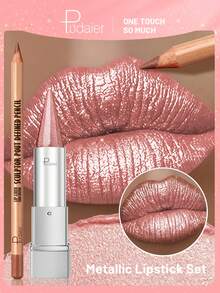 Pudaier Long Lasting Matte Lip Liner & Shimmering Metallic Lipstick Set Lip Combo- Perfect For Defining Contours & Creating Luurious Looks- Ideal Valentine's Day Gift For Women - 16+19 - View 2