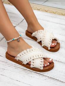 Kate Miuch Women's Original Design Elegant Tassel Flat Sandals In Beige, Suitable For Beach, Sweet And Cute Peep Toe, Breathable And Comfortable, Lightweight For Holiday, Ideal For Party, Banquet And Casual Occasions - Beige - View 7