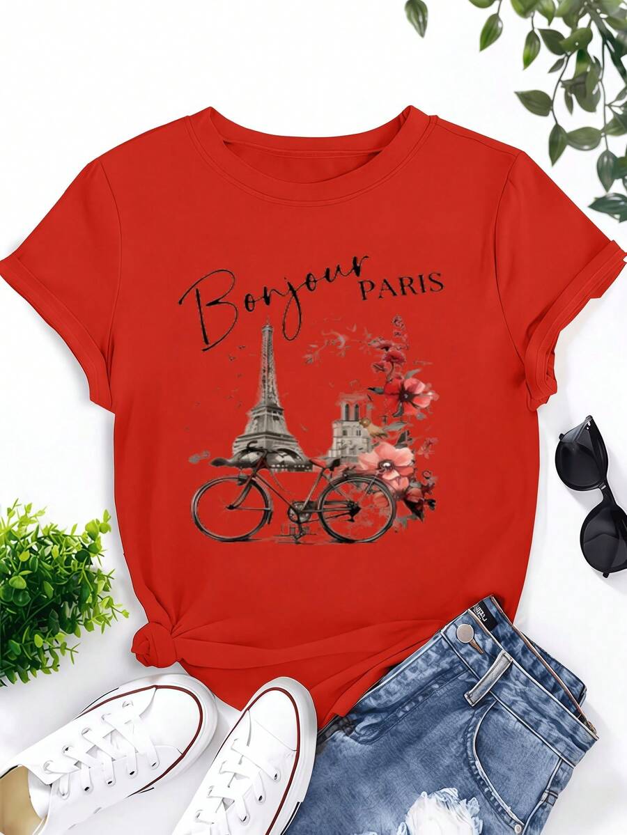 Cute Casual Paris Tower Sketch-Shirt Women Summer Cotton Crew Neck Soft Breathable Top Travel Fashion Lovers - 紅色 - 查看 1