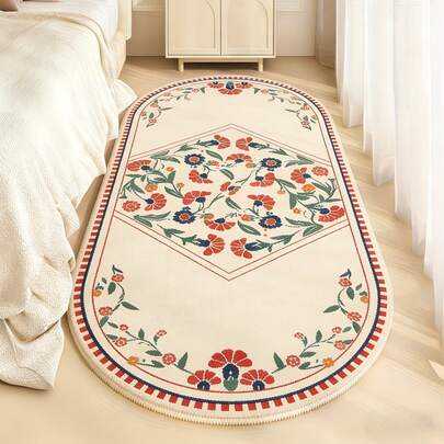 1pc Pastoral Floral Rug, Soft Washable Faux Wool Carpet, Retro Oval Bedside Decor Rug, Minimalist Style, Suitable For Bedroom, Indoor, Living Room, Office, Home Decor, Holiday Decoration
