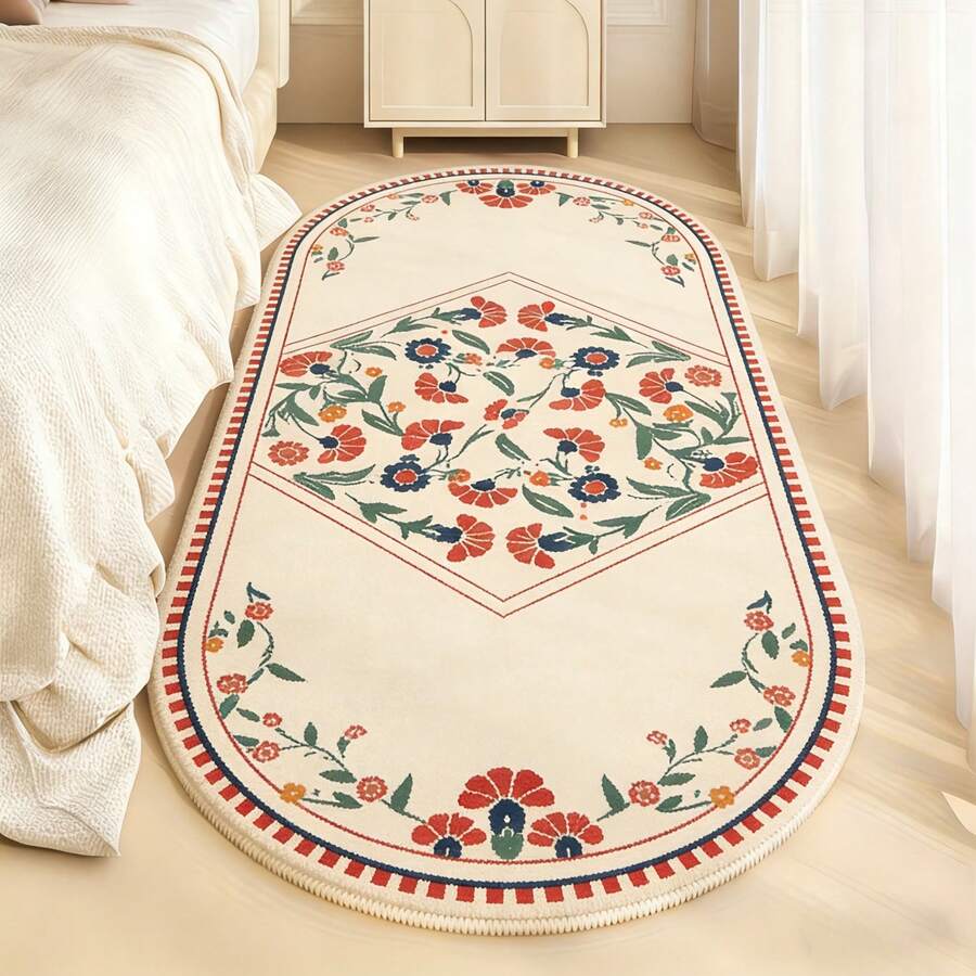 1 pezzo Tappeto floreale pastorale, tappeto morbido e lavabile in finta lana, tappeto ovale retrò da comodino, stile minimalista, adatto per camera da letto, interno, soggiorno, ufficio, decorazione per la casa, decorazione per le vacanze - Multicolore - Visualizzare 1