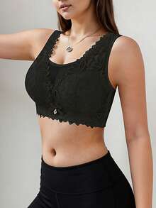 Minimalist Solid Color Floral & Lace Wireless Full Coverage Bra, Comfortable Breathable Ladies Underwear - Black - View 2
