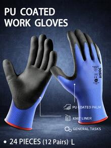 12双/24只装安全工作手套，PU涂层无缝针织工作手套，男女通用，触感光滑透气，适用于仓储、包装、建筑、园艺等多种场合。 - 12 Pairs - 查看 11