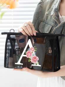 黑色网眼袋，印有创意花卉和A-Z字母图案，透明网眼化妆品收纳袋，大容量多功能旅行包，适合收纳化妆品、文具、珠宝首饰，适用于居家、旅行、商务、游泳等多种场合，也适合办公室、学校、工作、通勤、户外、旅行等。化妆包、化妆品收纳包、洗漱包、化妆品收纳袋、化妆包、洗漱袋、旅行包、度假必备品、女性旅行礼物。 - 黑色 - 查看 10