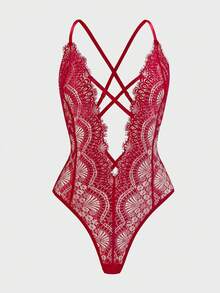 新款性感蓝色蕾丝睫毛连体睡衣，半透明深V交叉露背连体睡衣，情人节贴心礼物，派对装扮 - 酒紅色 - 查看 4