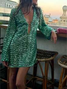 Women's Glitter Sparkle Mini Dress Long Sleeve V Neck Shiny Sequin Slim Cocktail Dress Dress For Club Party - 綠色 - 查看 1