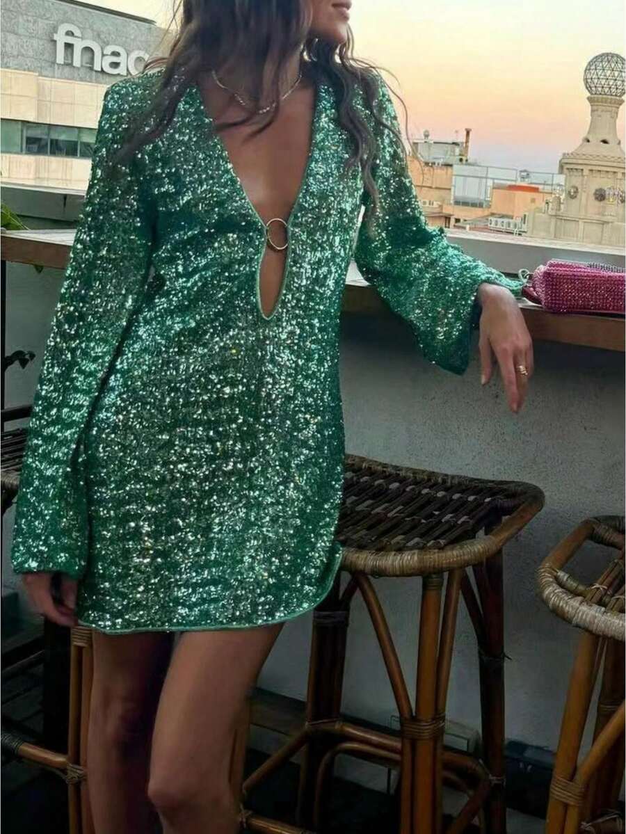 Women's Glitter Sparkle Mini Dress Long Sleeve V Neck Shiny Sequin Slim Cocktail Dress Dress For Club Party - 綠色 - 查看 1