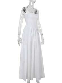 Women's Autumn New Elegant Solid Color Slim A-Line Maxi Dress - White - View 8